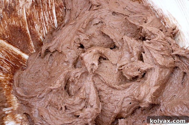 Mixing the cocoa powder into the chocolate cookie batter until it is completely smooth, uniformly colored, and evenly distributed throughout.