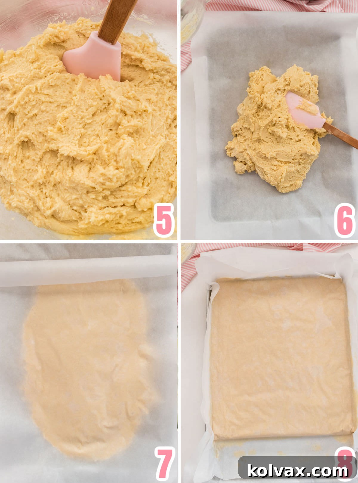 A collage showing the process of pressing the soft Sugar Cookie dough evenly into a parchment-lined cookie sheet before baking.