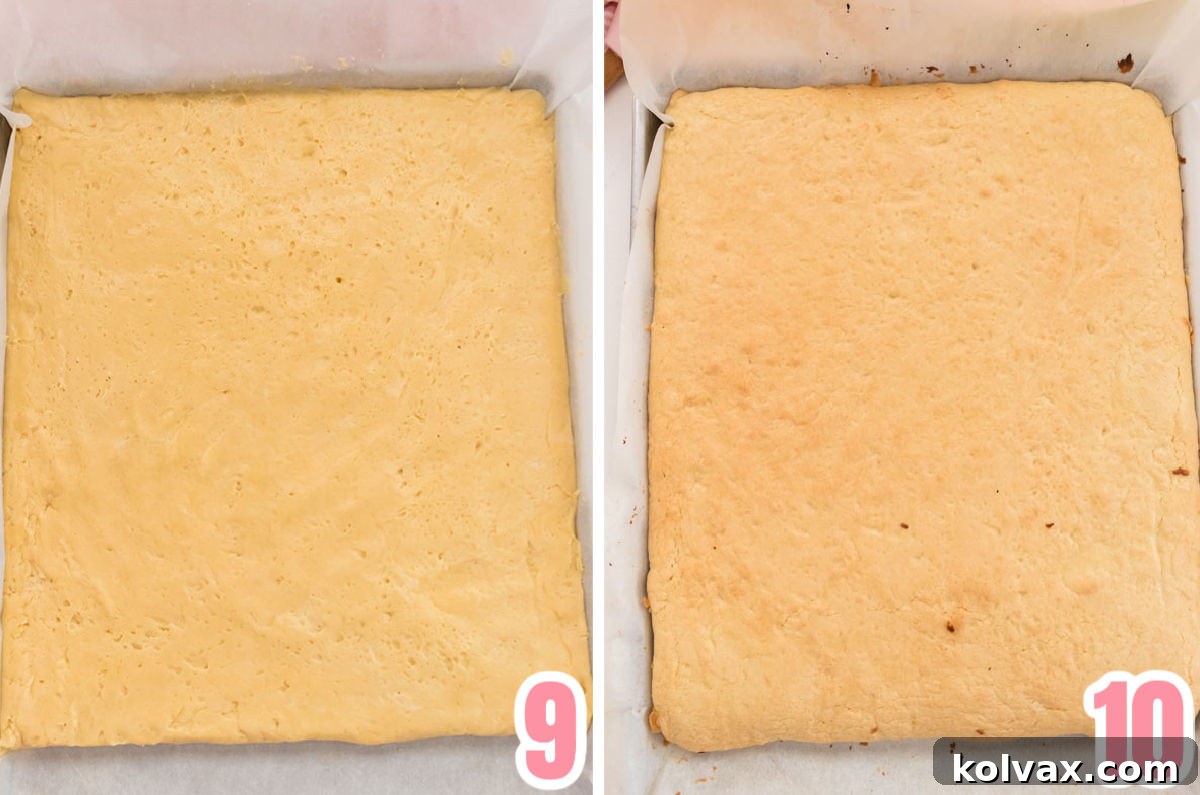 A two-part collage showing the Sugar Cookie bars both before entering the oven and after emerging, perfectly baked with golden edges.