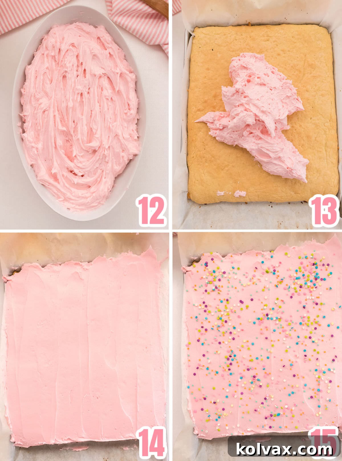 A step-by-step collage illustrating the process of frosting The Best Sugar Cookie Bars, from coloring the frosting to adding sprinkles.
