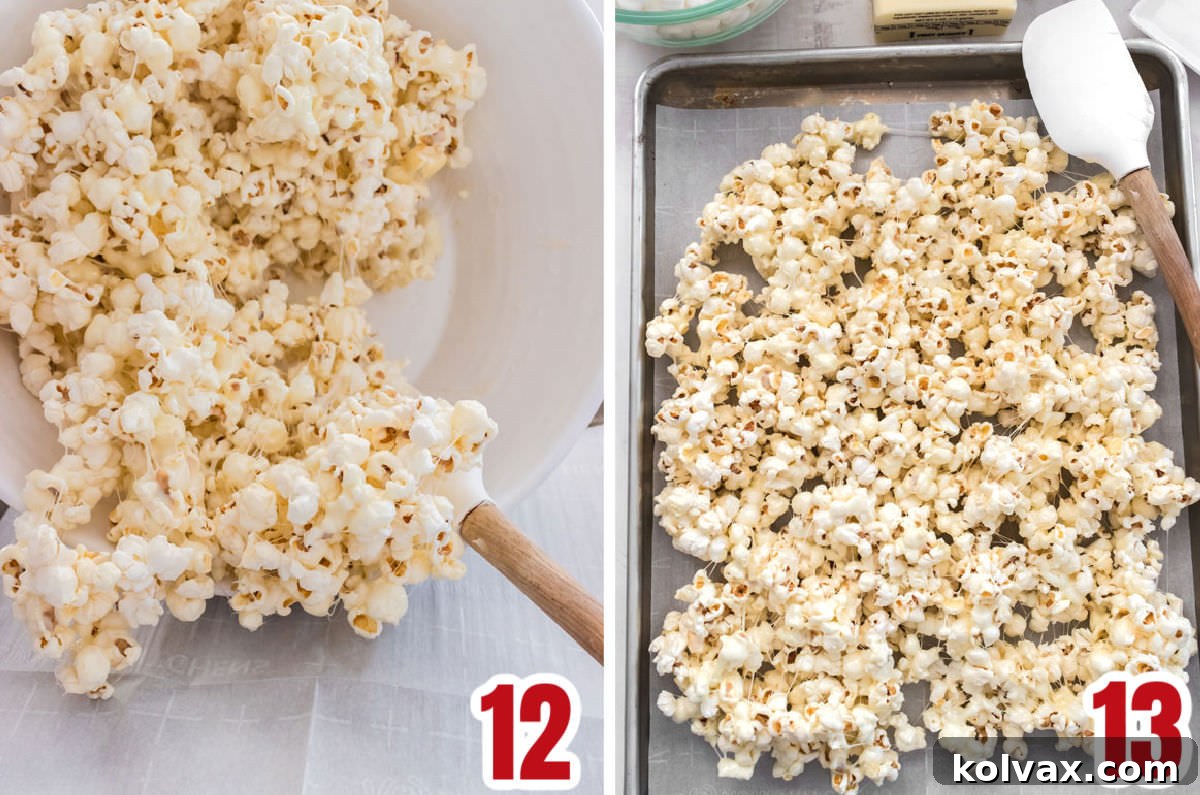 A two-panel collage showing the marshmallow popcorn being spread onto a prepared cookie sheet with parchment paper.