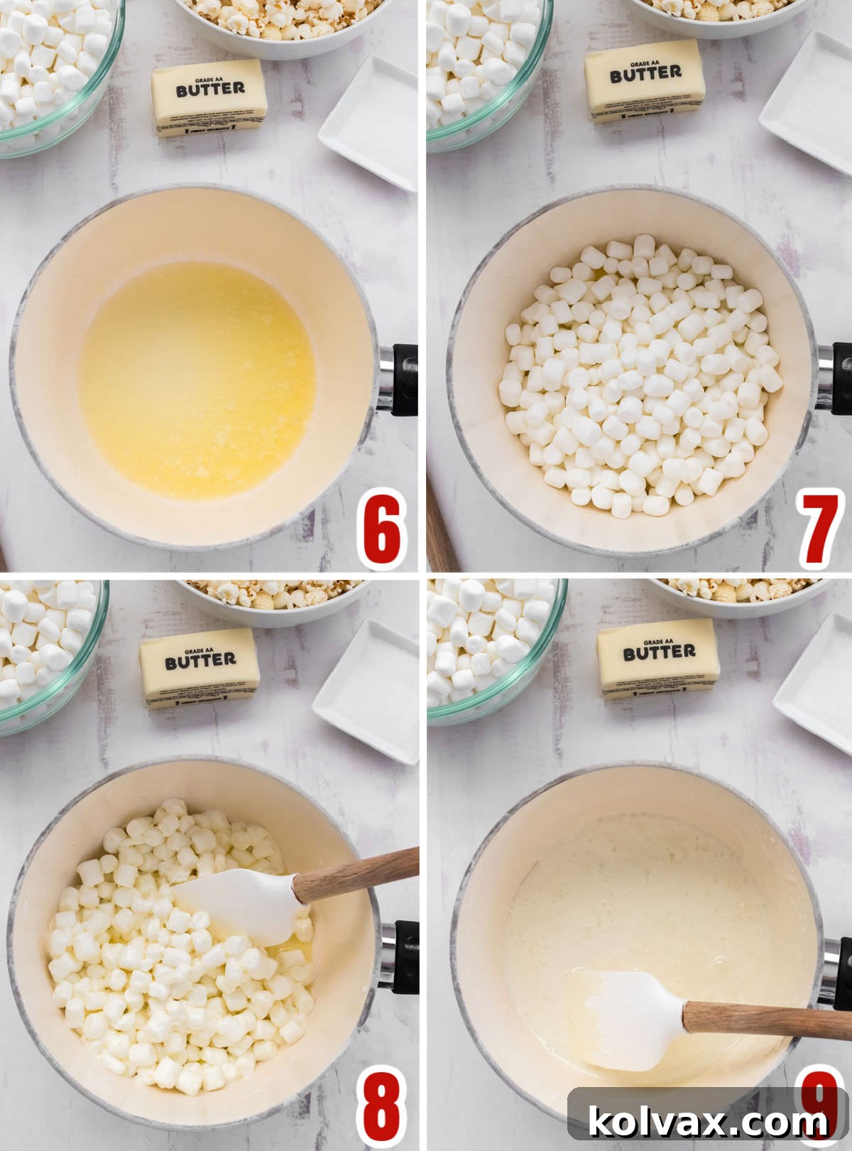 A collage of images illustrating the process of making the marshmallow mixture, from melting butter to adding and stirring marshmallows until fully melted and smooth.