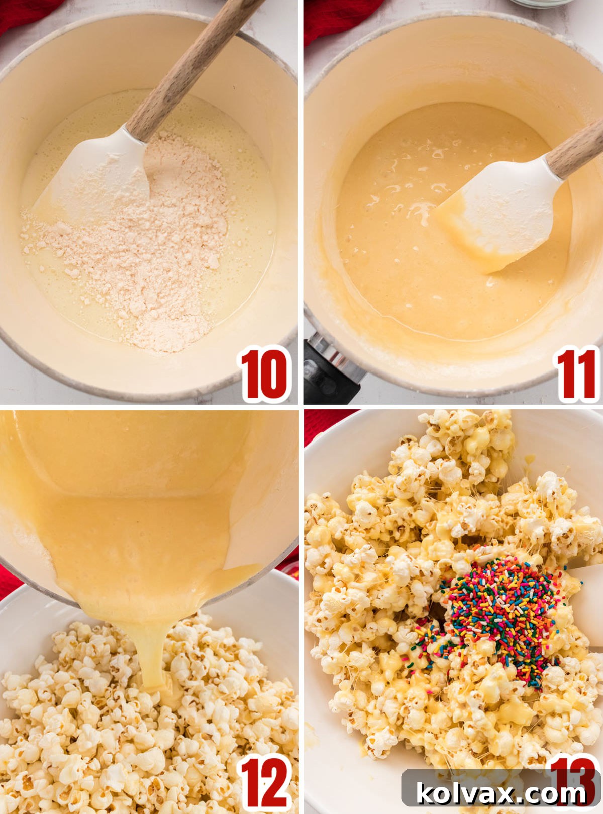 A collage of images demonstrating how to combine the heat-treated cake mix into the marshmallow mixture, and then pour and fold the vibrant mixture over the salted popcorn for even coating.