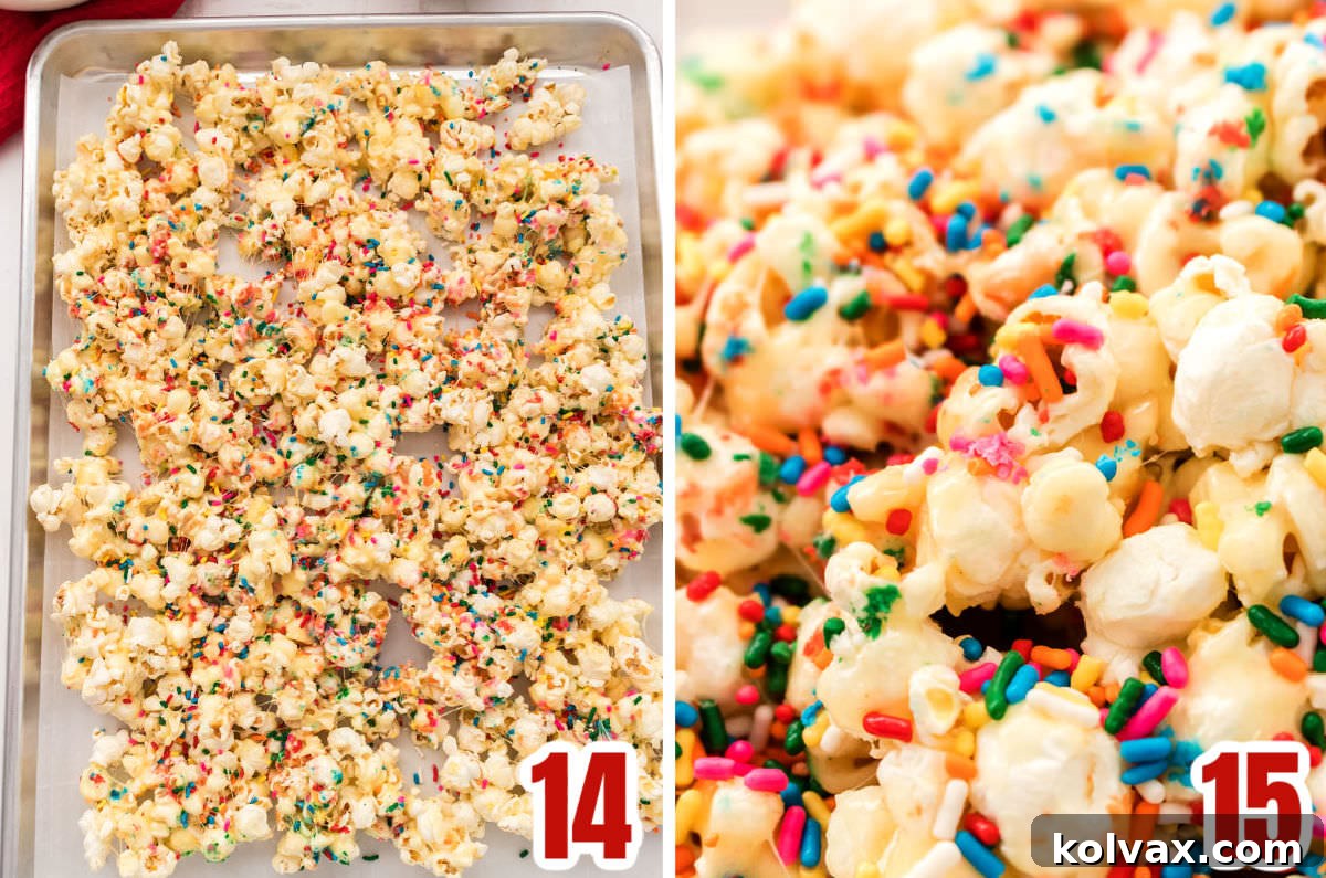 A collage of images illustrating the process of pouring the warm Cake Batter Popcorn onto a prepared cookie sheet to cool, showing how to spread it out for even setting before breaking it apart.