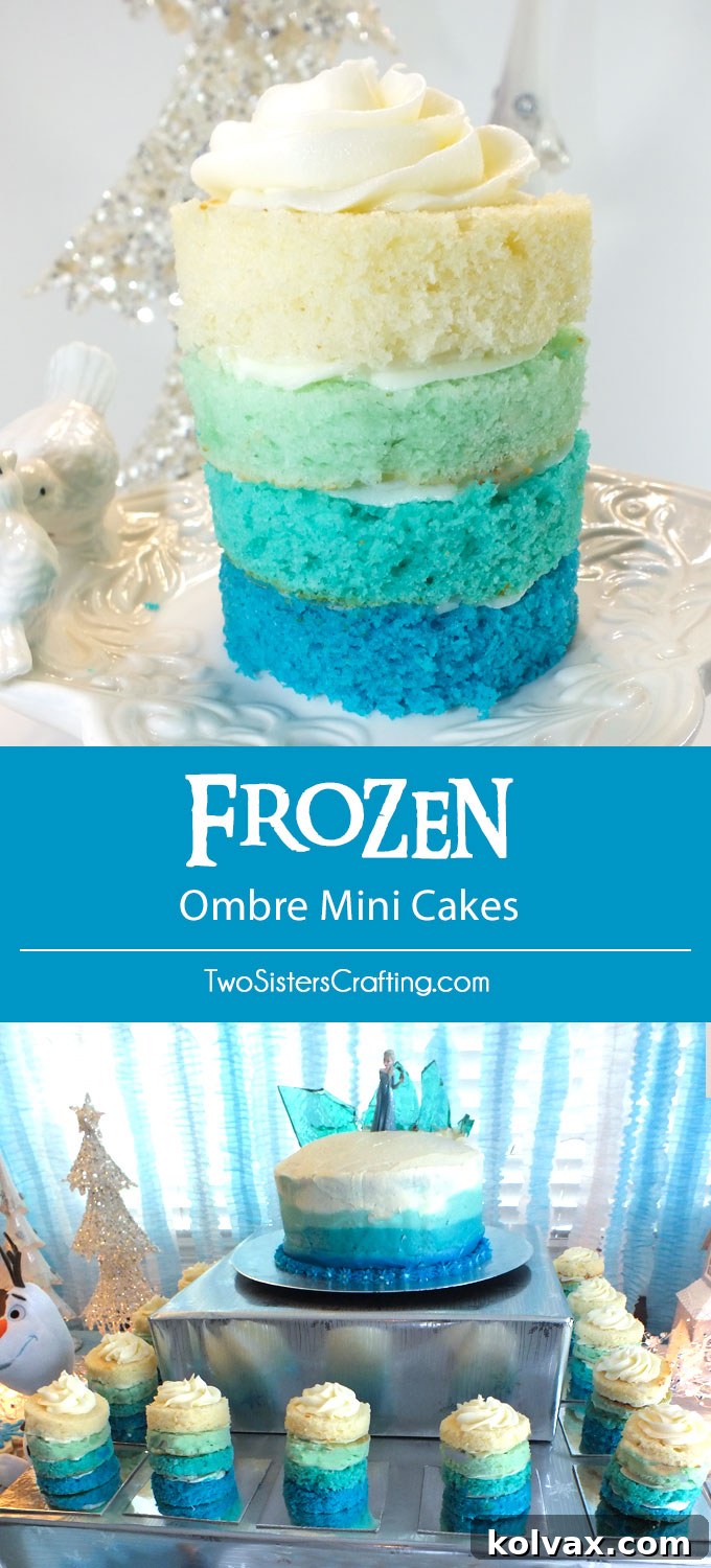 Disney Frozen Ombre Mini Cakes for a Frozen Birthday Party - so beautiful and very yummy! Try this unique take on a Frozen Cupcake for your own Frozen Party. And follow us for more great Frozen Party Ideas.