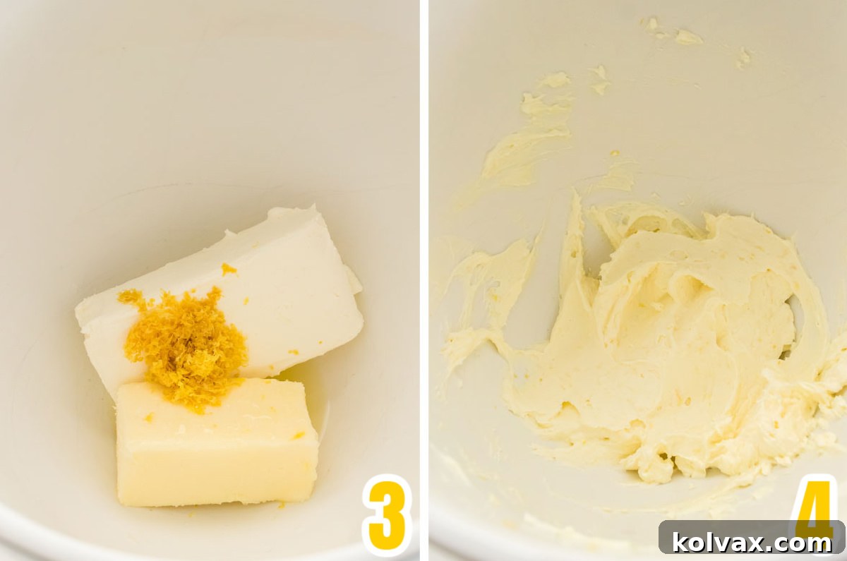 Collage image showing the steps on how to cream the cream cheese, butter, lemon juice and lemon zest.