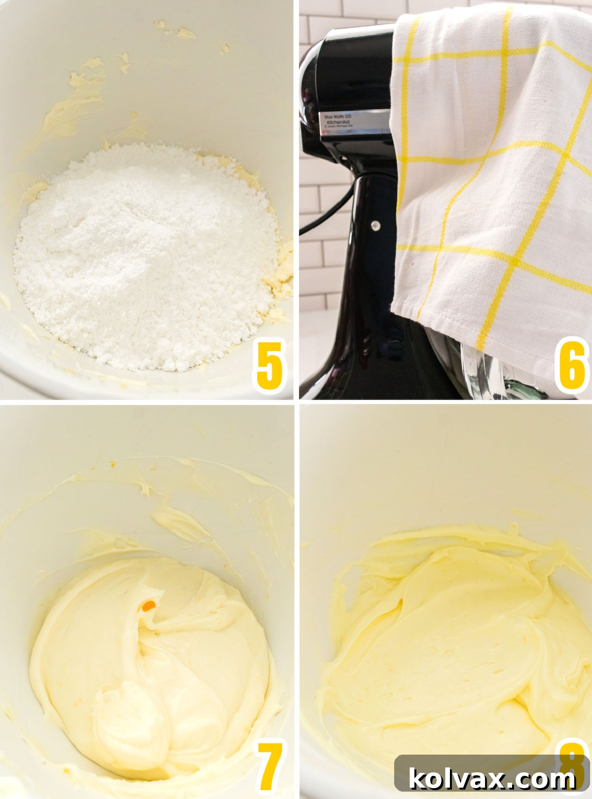 Collage image showing the steps on how to add the powdered sugar to the frosting mixture.