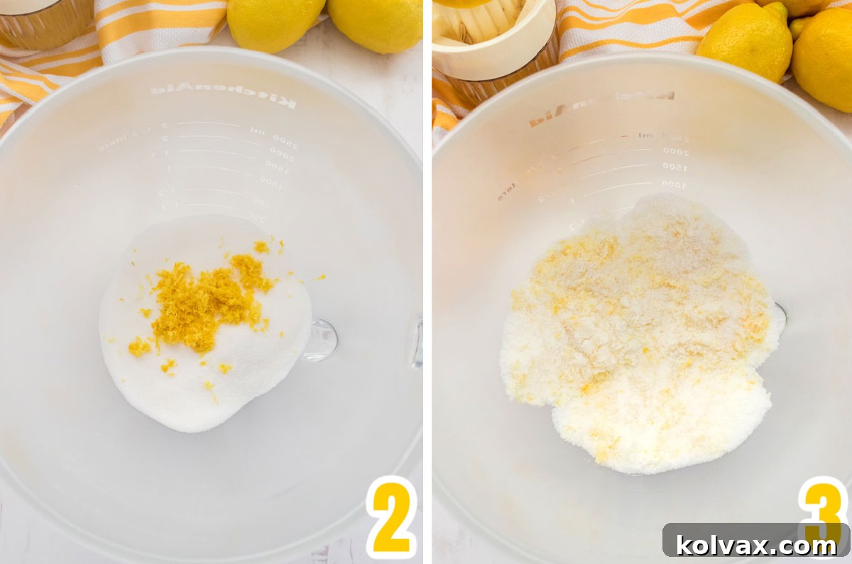 A visual guide demonstrating how to create lemon-infused sugar by combining granulated sugar with fresh lemon zest in a mixing bowl, an essential step for maximizing lemon flavor in the pound cake.