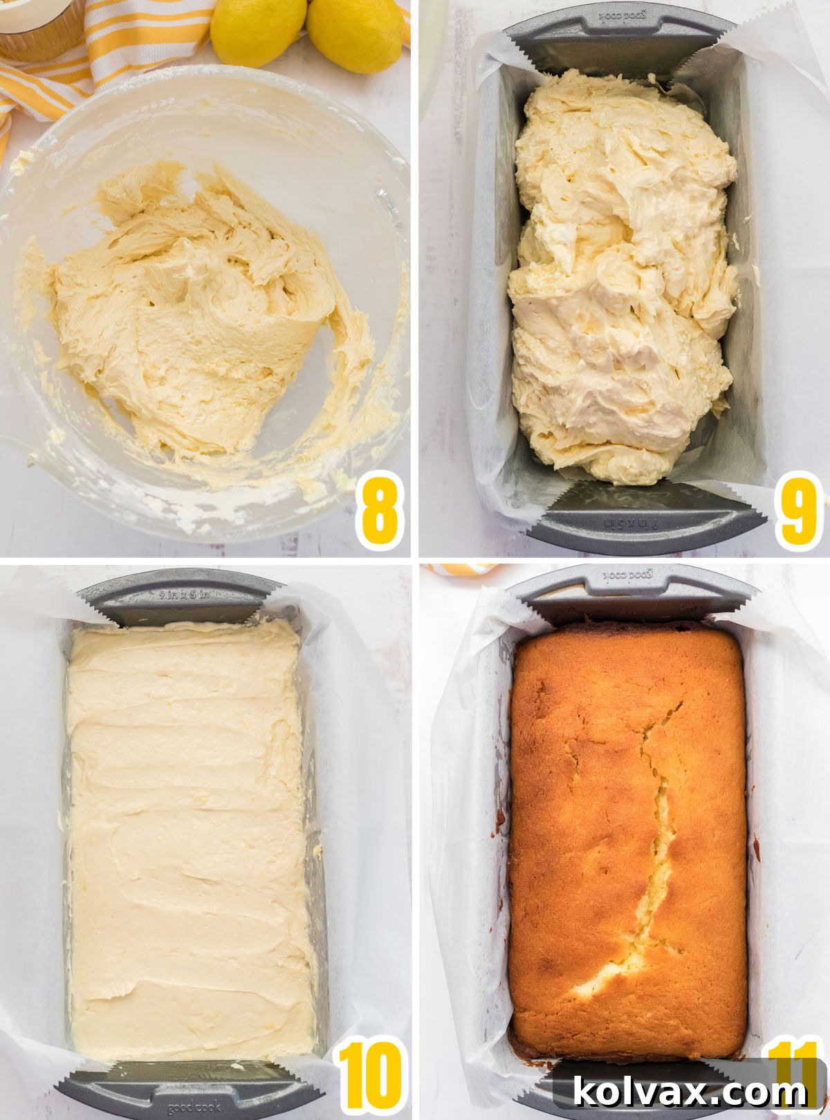 A step-by-step collage demonstrating how to prepare the loaf pan, evenly pour the lemon pound cake batter, and bake it to golden perfection in the oven.