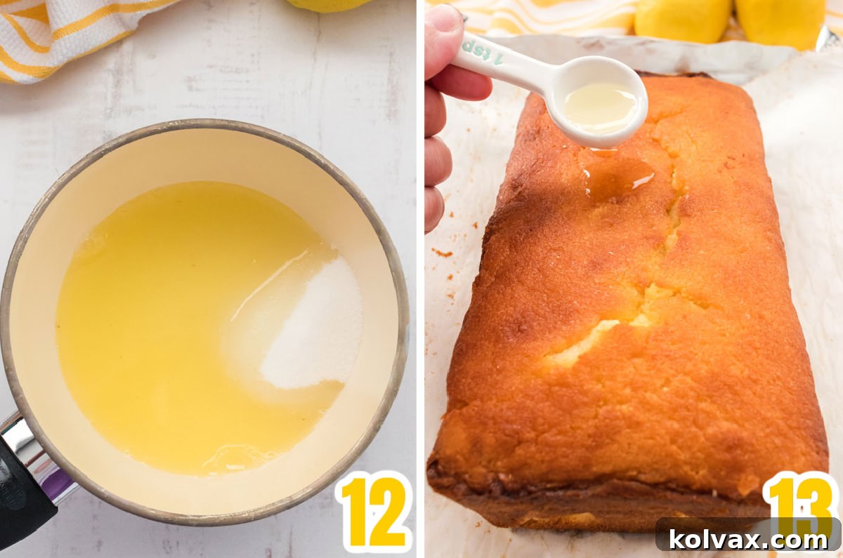 A collage demonstrating the simple process of making a lemon syrup on the stovetop and then drizzling the warm, glistening syrup over the cooling Lemon Pound Cake for maximum absorption and flavor.
