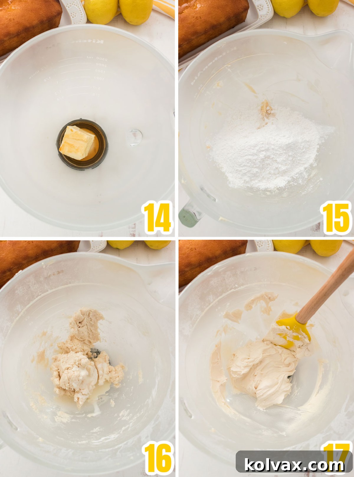 A step-by-step collage illustrating the preparation of the creamy vanilla icing, showing how softened butter, vanilla extract, powdered sugar, and milk are combined to achieve a smooth, spreadable consistency.