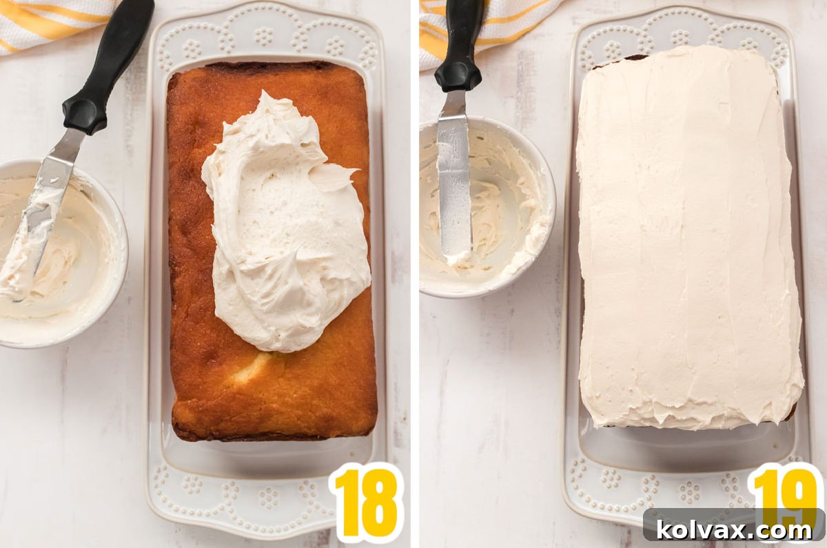 A two-step collage showing how to apply the creamy vanilla icing to the top of the Lemon Pound Cake using a spreader, followed by smoothing it out for a beautiful, even finish.