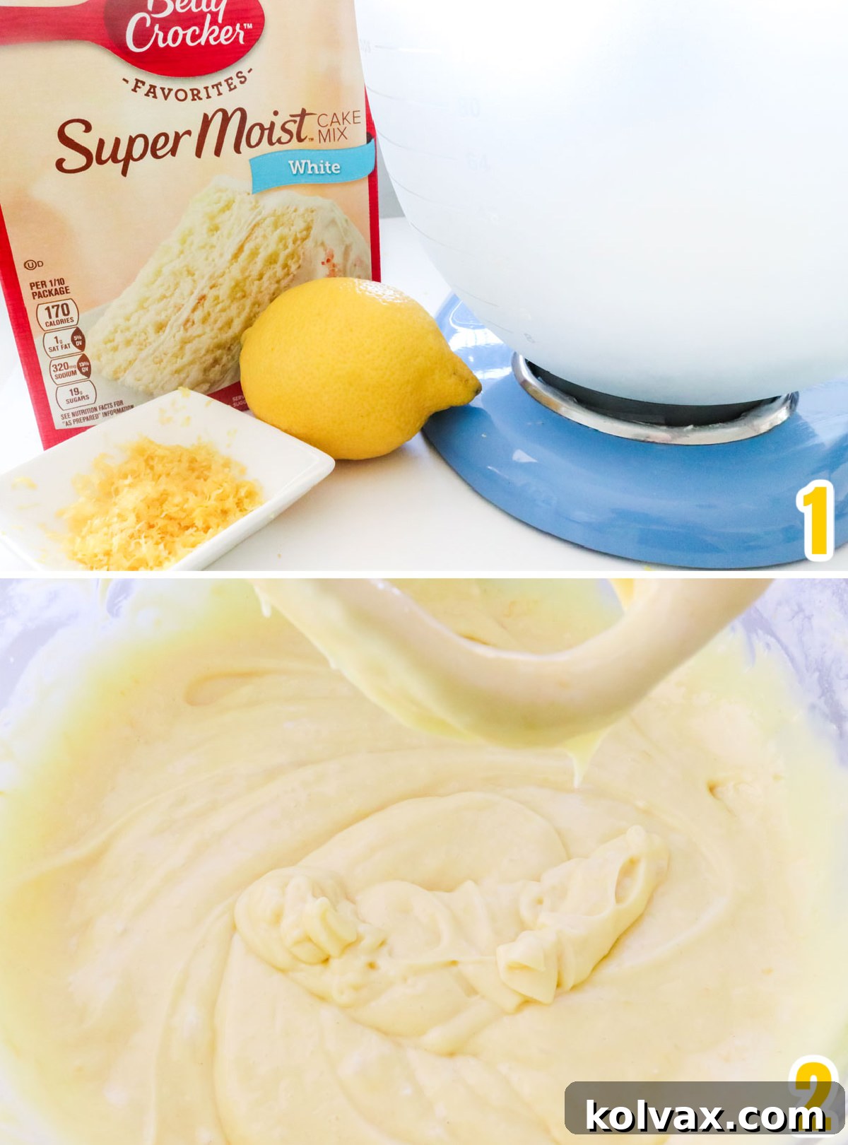 Zesty Lemon Buttercream Minis 3 A visual guide showing the initial steps for preparing the lemon cake batter, including ingredients and mixing process.