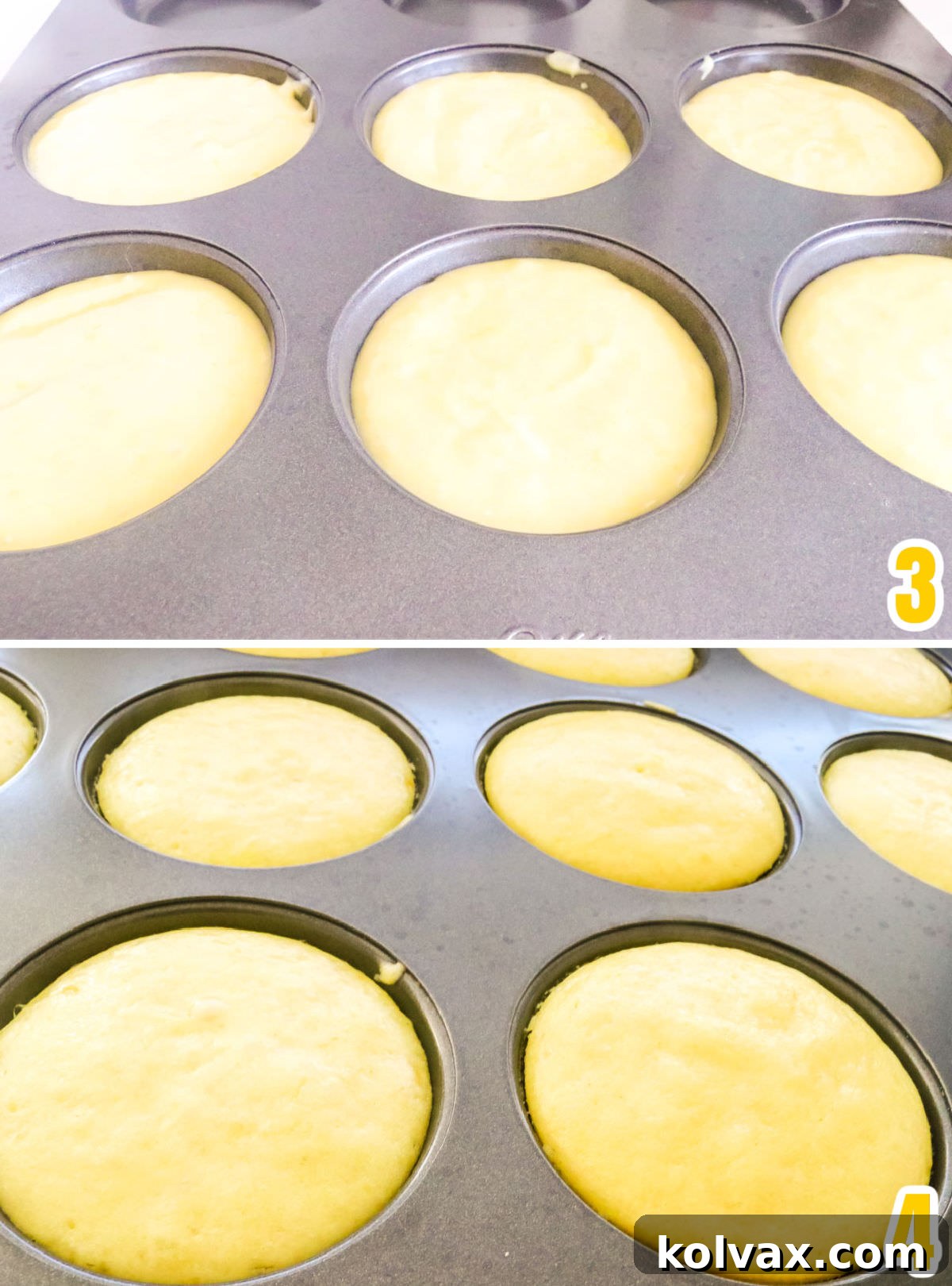 Zesty Lemon Buttercream Minis 4 A detailed image illustrating the process of baking the Lemon Mini Cakes, including filling the pan and the golden-brown finished product.