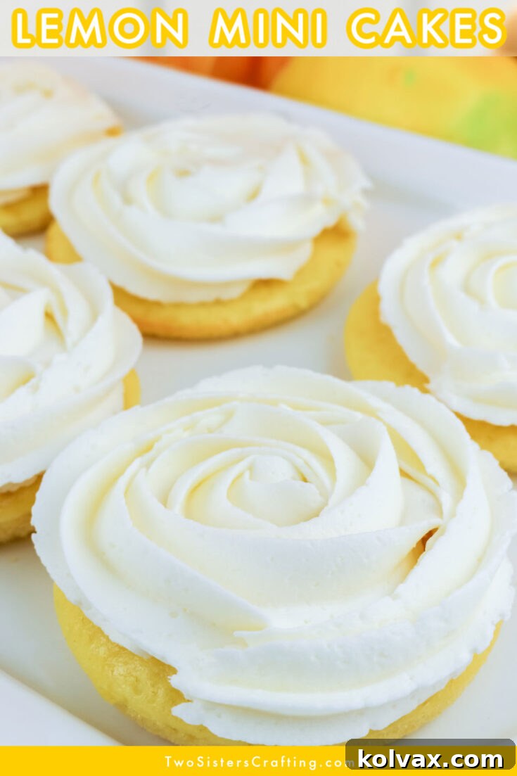 Pinnable image of Lemon Mini Cakes with Lemon Buttercream Frosting