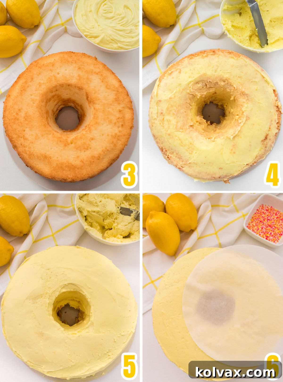 Collage images with all the steps to show you how to frost an Angel Food Cake with Lemon Frosting.