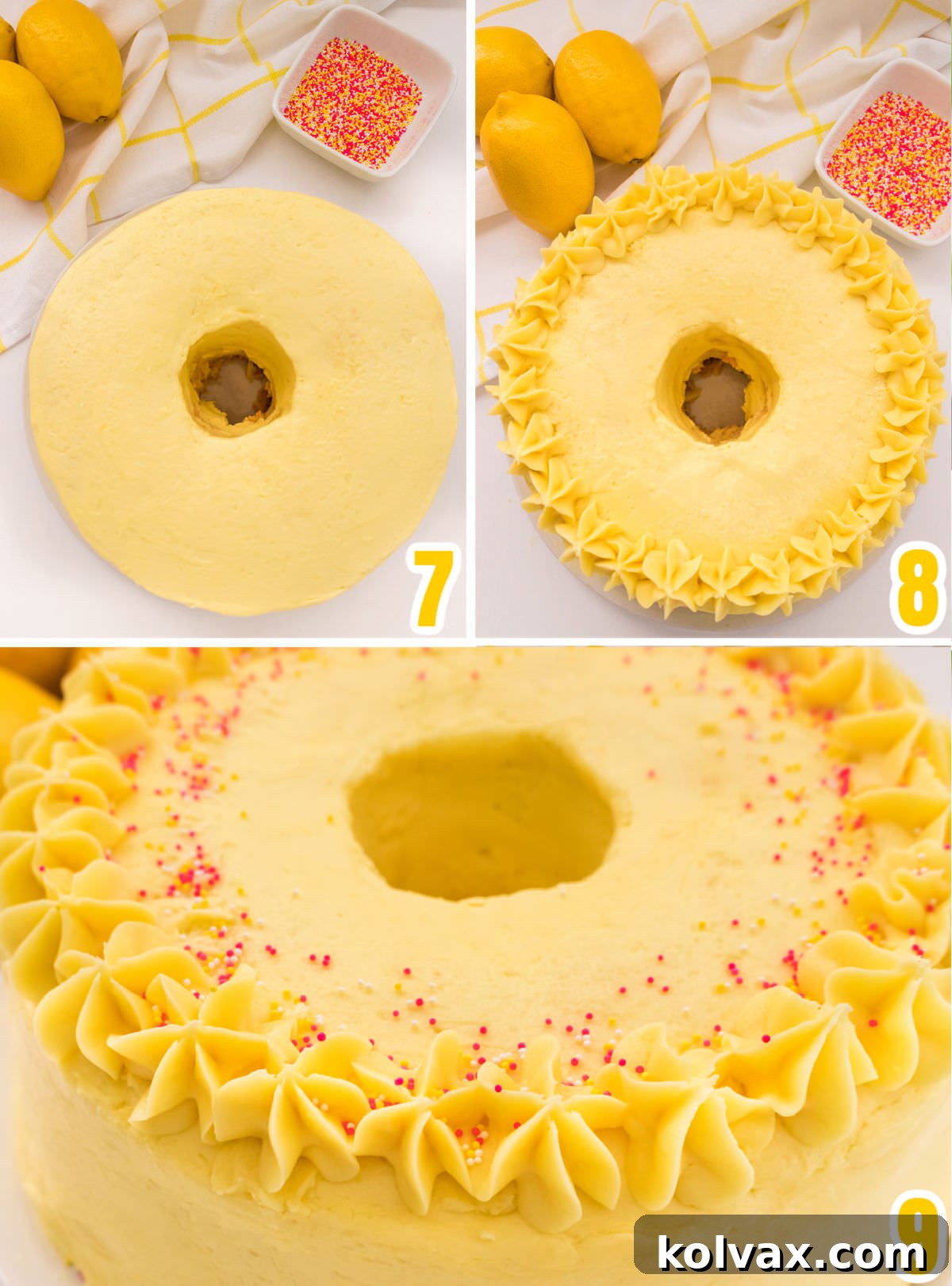 Collage image showing how to add flourishes to a frosted angel food cake.