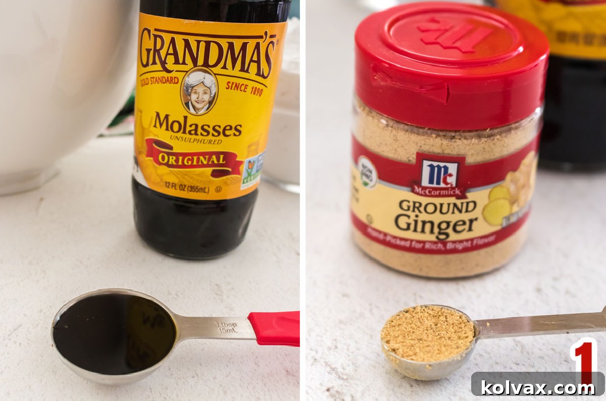 Collage image showing the key ingredients for Gingerbread frosting: rich molasses and fragrant ground ginger.