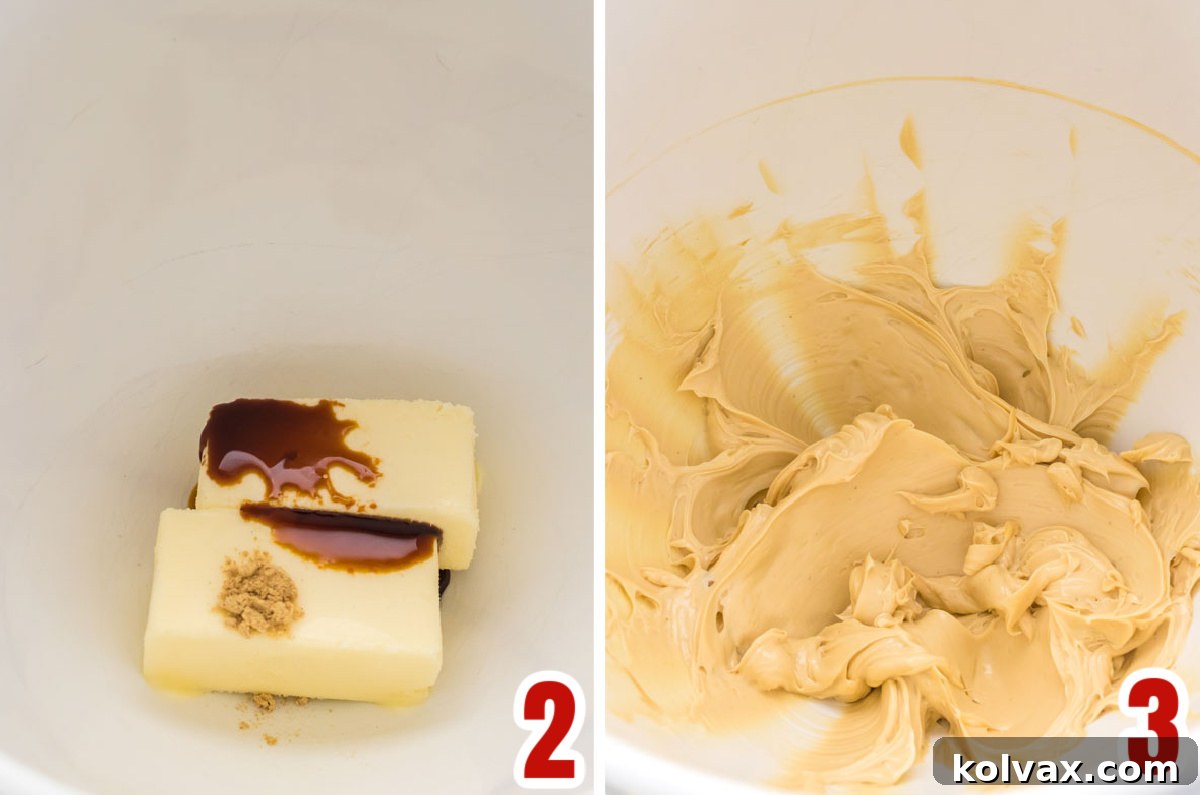 Collage image demonstrating how to mix butter with molasses and ground ginger to infuse the best gingerbread flavor.