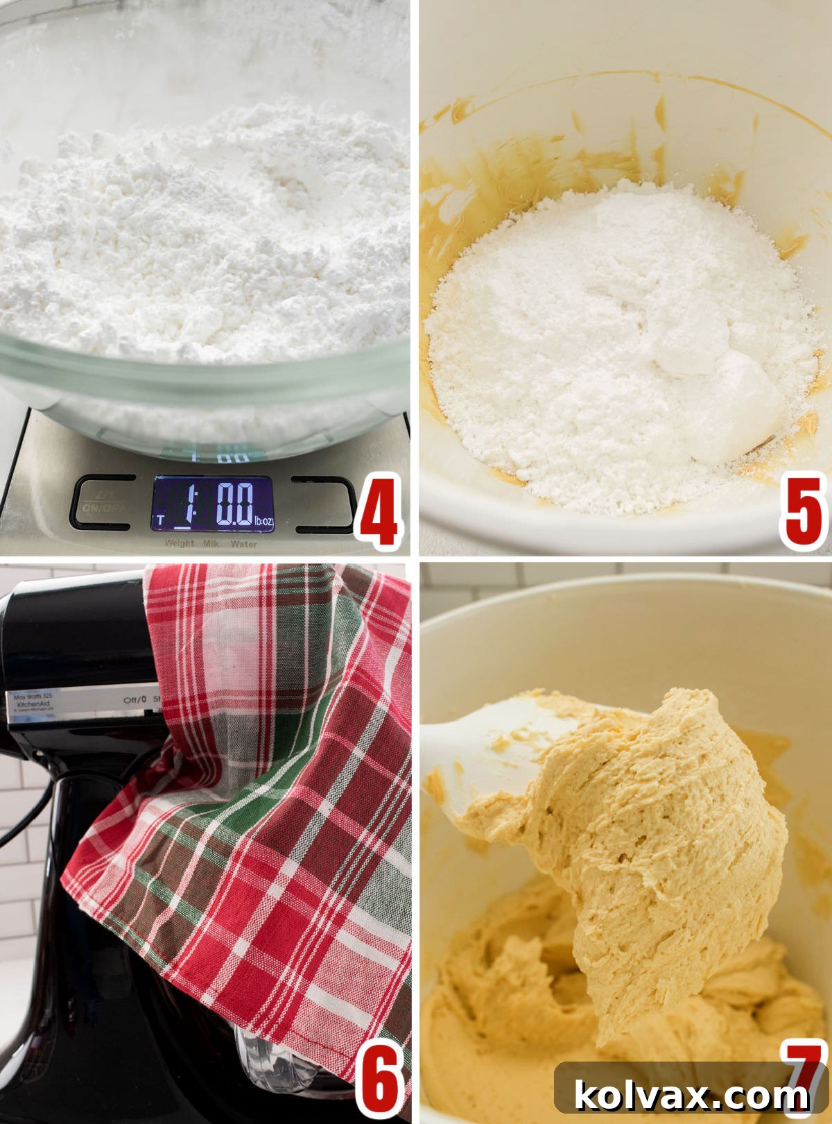 Collage image detailing the process of adding powdered sugar to the frosting mixture for perfect consistency.
