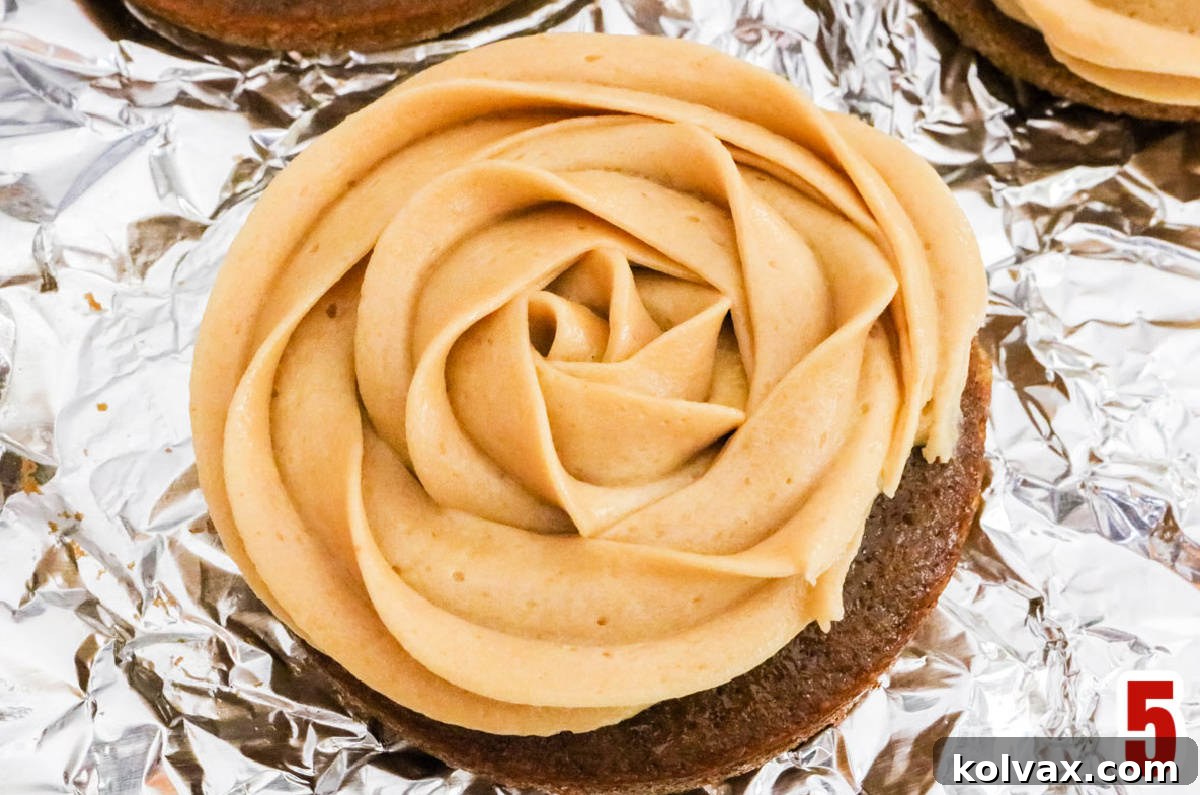 Overhead shot of a beautifully piped rosette frosting swirl adorning the top of a Gingerbread Mini Cake.