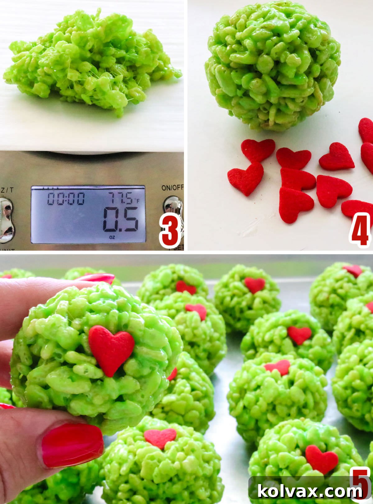 Collage image showing the steps for creating the Grinch Rice Krispie Treat Bites.
