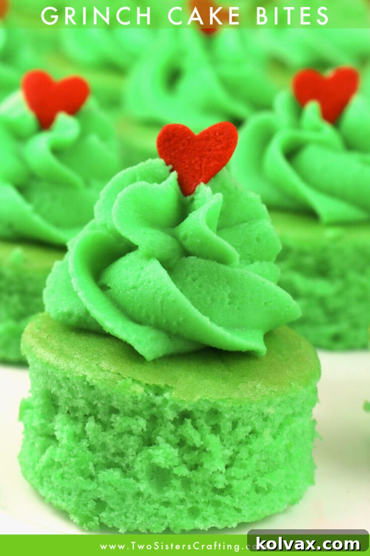 Grinch Cake Bites on a platter, ready for holiday celebrations.