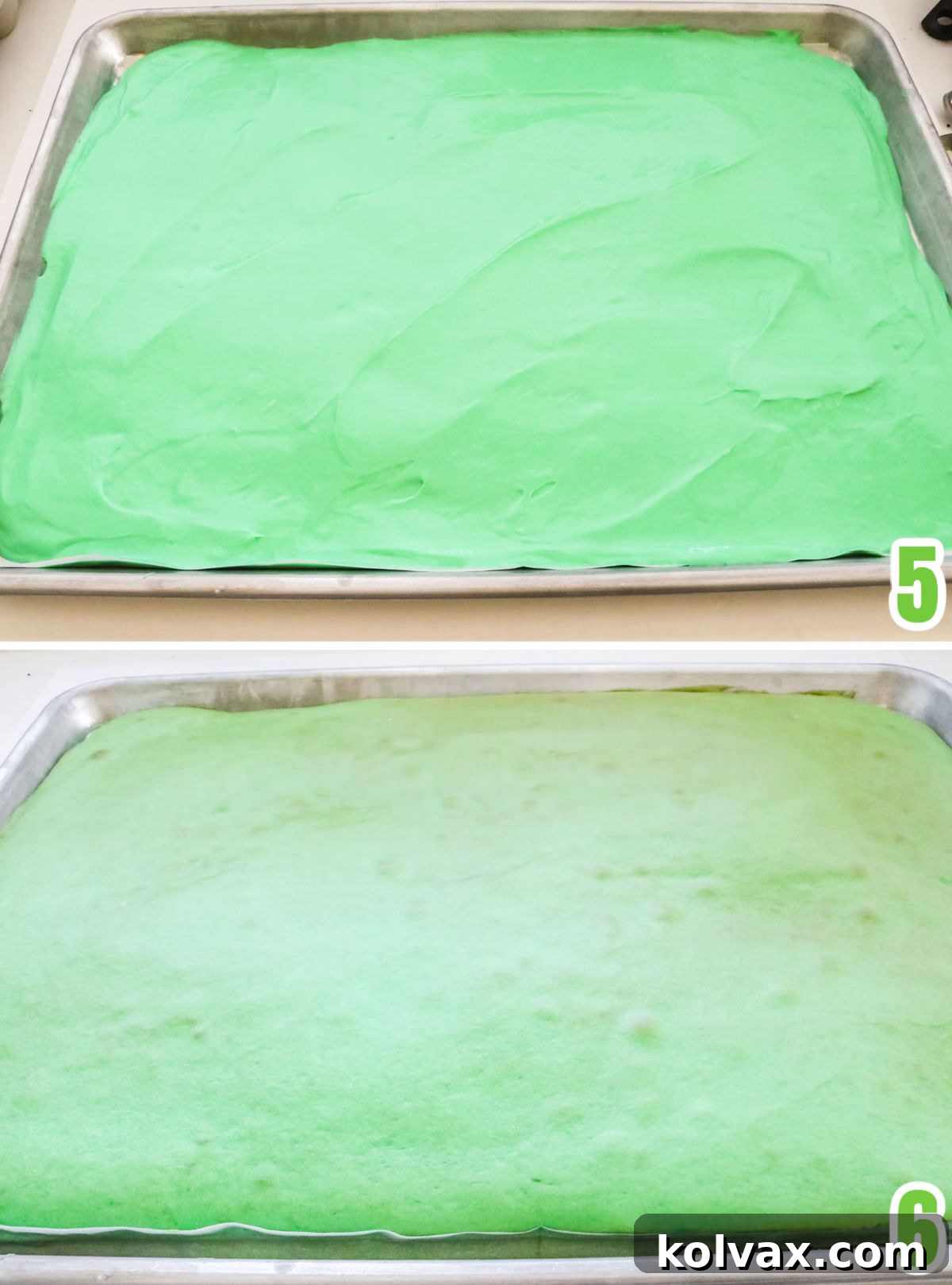 A collage showing the green cake batter spread on a sheet pan before baking and the beautifully golden-edged, baked cake sheet after cooling, ready for cutting.