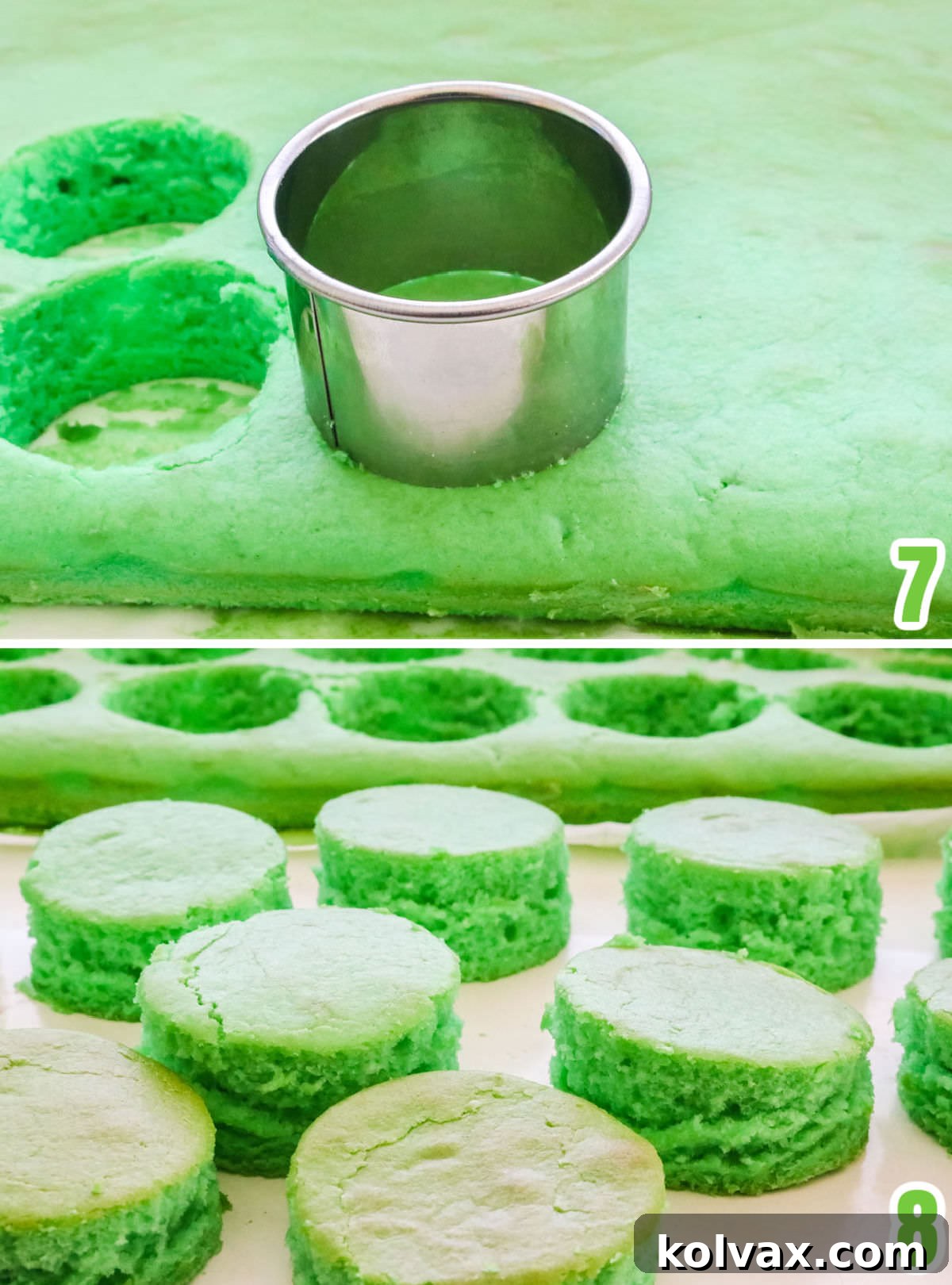 A three-panel collage demonstrating the cooling of a green sheet cake, the cutting of circular Grinch Cake Bites with a biscuit cutter, and the final collection of perfectly formed mini cakes.