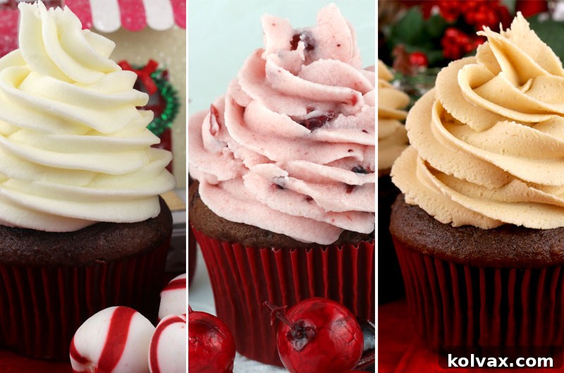 A vibrant collection of delicious Christmas frostings, perfect for holiday baked goods. Features various homemade frosting flavors like gingerbread, peppermint, cranberry, and more, ideal for festive desserts and bake sales.