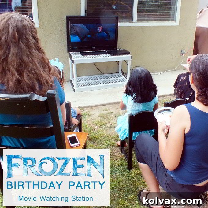 A fun and popular activity for your Disney Frozen party: A movie watching station where guests can enjoy the film.
