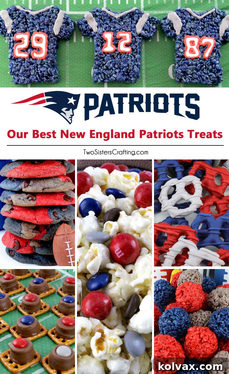A visually appealing Pinterest-optimized graphic showcasing all the best New England Patriots treats and desserts in one place, emphasizing their suitability for Game Day, Playoff, or Super Bowl Parties, made in team colors of Red, Navy Blue, and Grey. Includes hashtags for better searchability: #NewEnglandPatriots #Patriots #SuperBowlFood #NFL #NewEnglandPatriotsFood