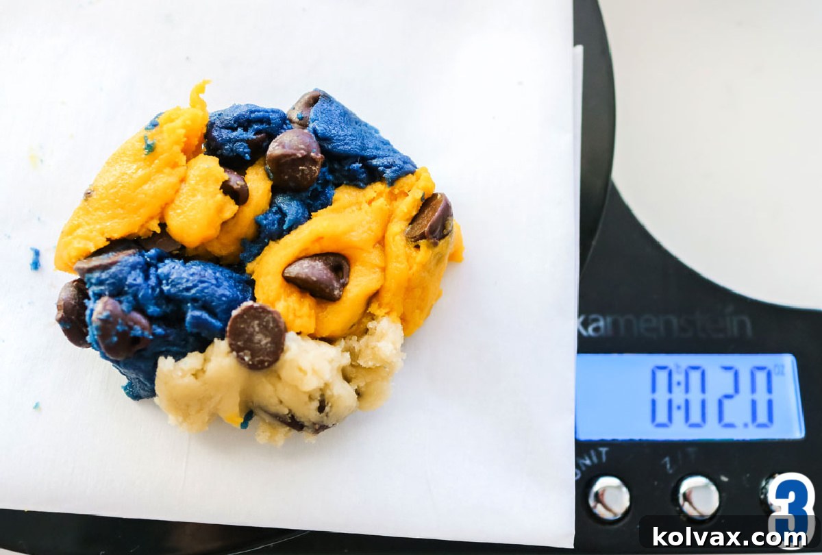 Closeup of the blue, white and gold chocolate chip cookie dough sitting on a food scale.