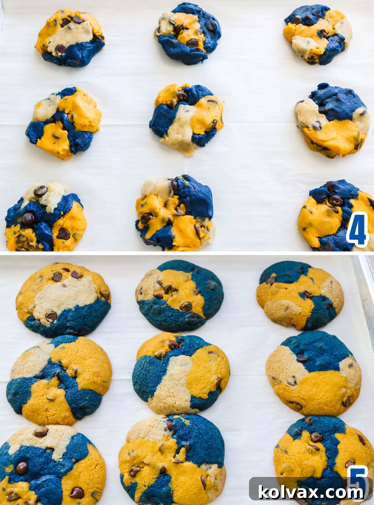 Collage image showing the Los Angeles Rams Cookies before going in the oven and after coming out of the oven.