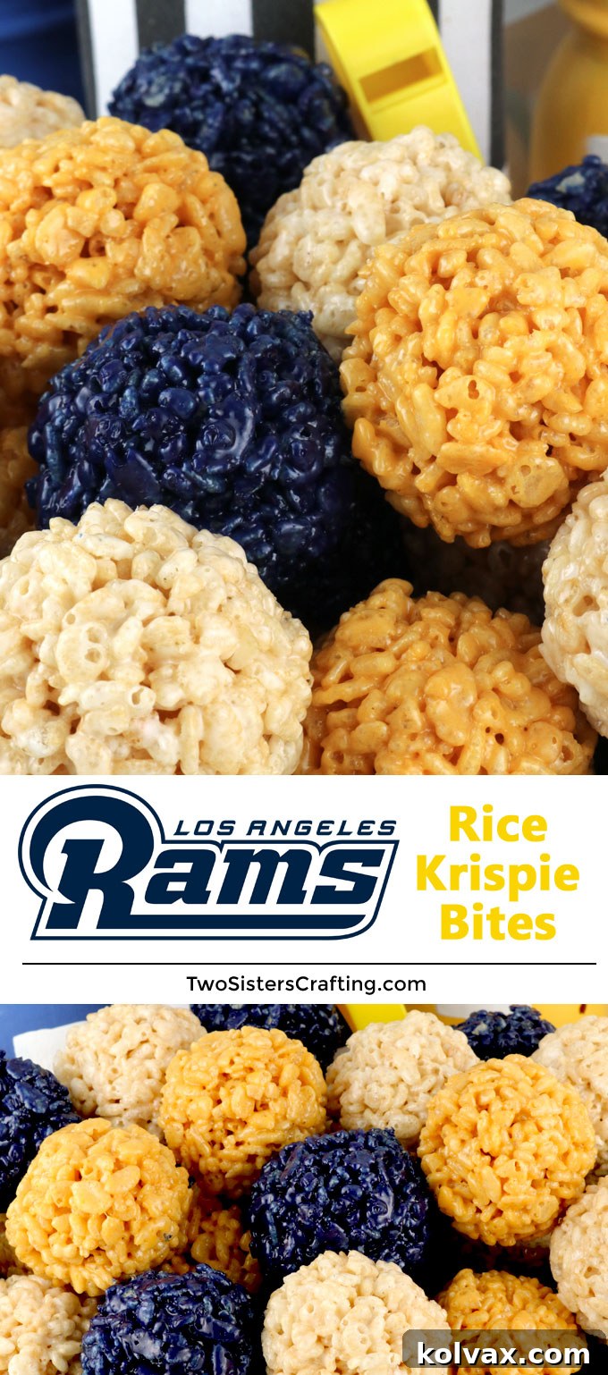 A vibrant display of Los Angeles Rams Rice Krispie Bites, showcasing all three team colors, on a stylish football-themed background.