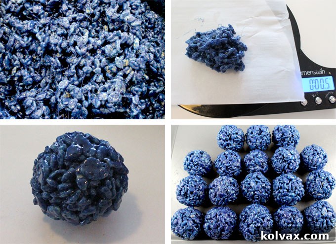 Navy blue marshmallow mixture being combined with Rice Krispies cereal in a bowl.