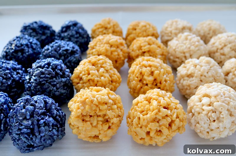 Finished Los Angeles Rams Rice Krispie Bites displayed in a white bowl, ready for a party.