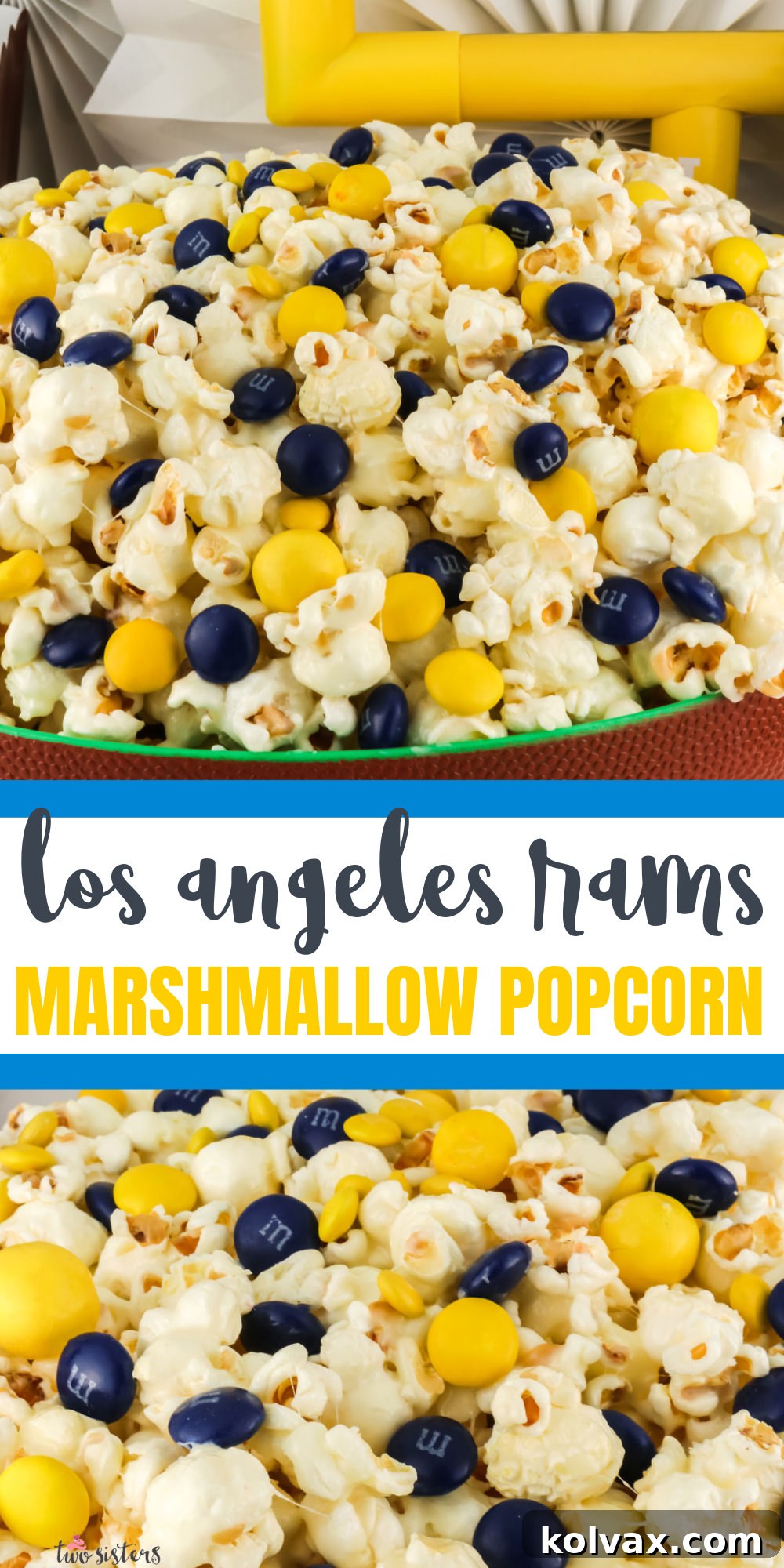 Pinnable image featuring a large bowl of Los Angeles Rams Popcorn surrounded by blue and yellow candies, perfect for sharing on Pinterest.