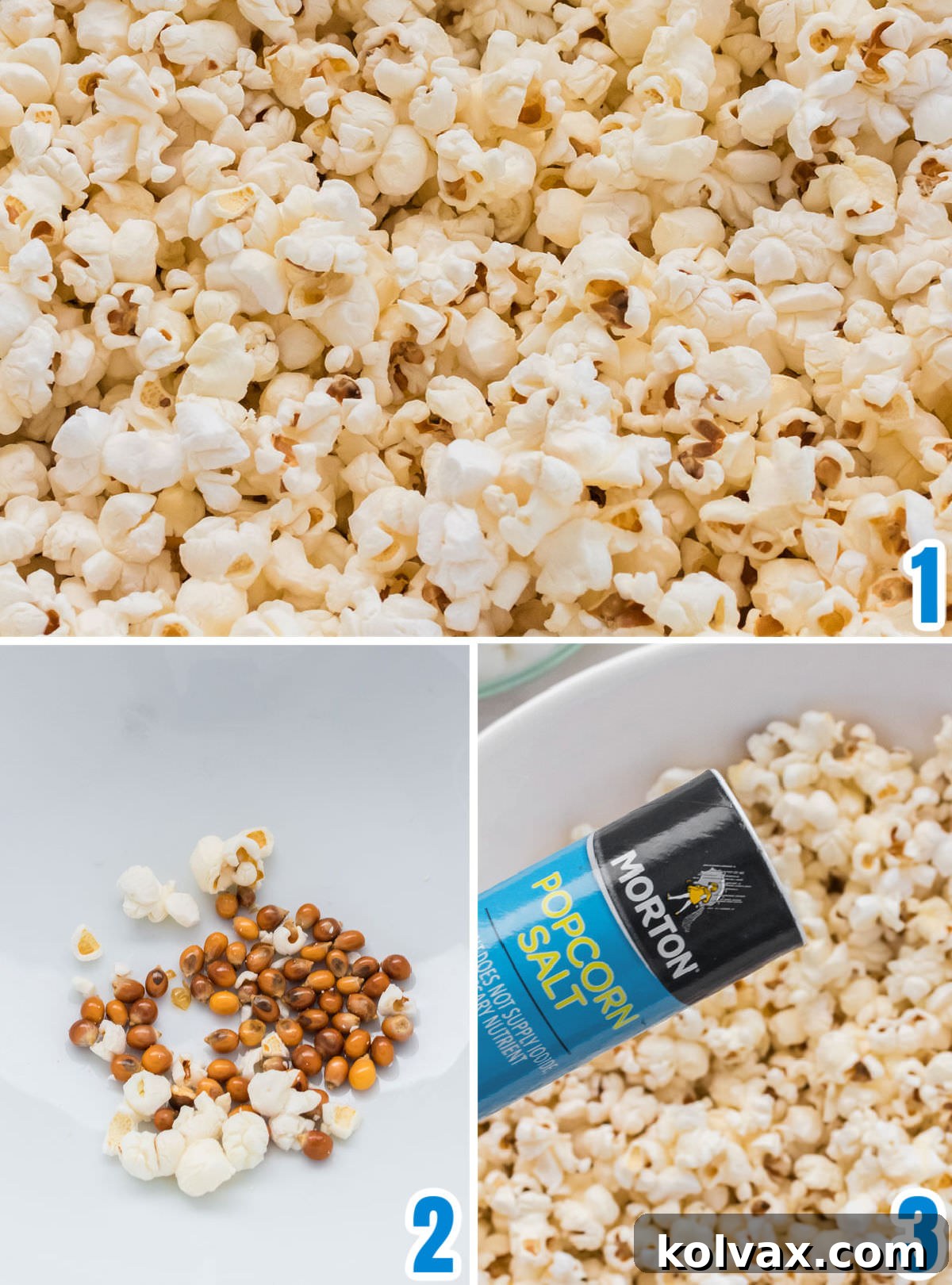Collage image demonstrating the process of making homemade popcorn for the Los Angeles Rams Marshmallow Popcorn recipe.