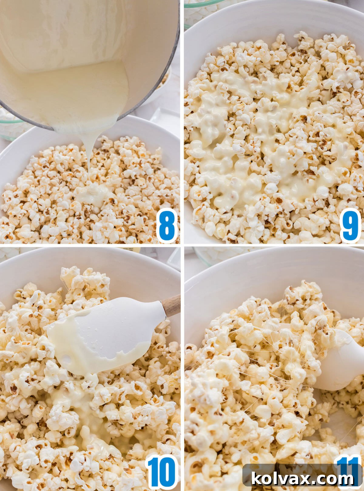 Collage image showing the process of pouring and folding the warm marshmallow mixture over the prepared popcorn, ensuring even coating.
