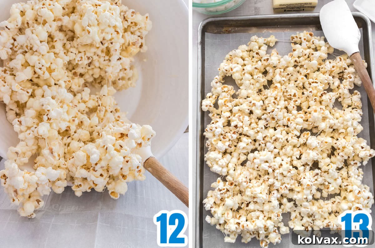 Collage image showing the marshmallow-coated popcorn being spread out onto a parchment-lined cookie sheet to cool and set.