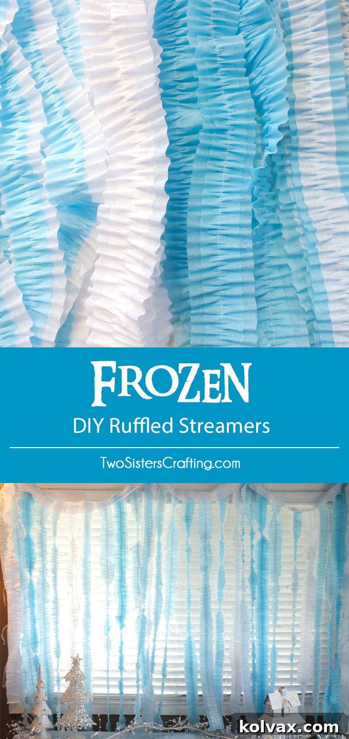 Disney Frozen DIY Ruffled Streamers - an easy and inexpensive party decoration project for a Frozen Birthday Party. We have all the directions you'll need to make this pretty party backdrop. Follow us for more Frozen Party Ideas.