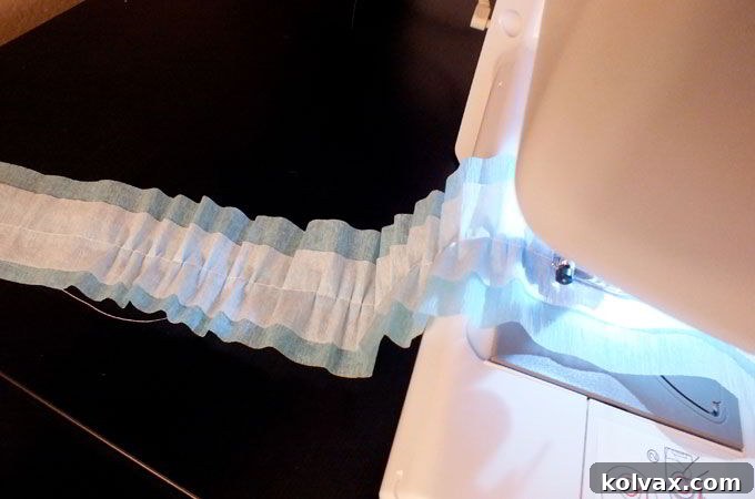 DIY Ruffled Streamer coming out of the sewing machine