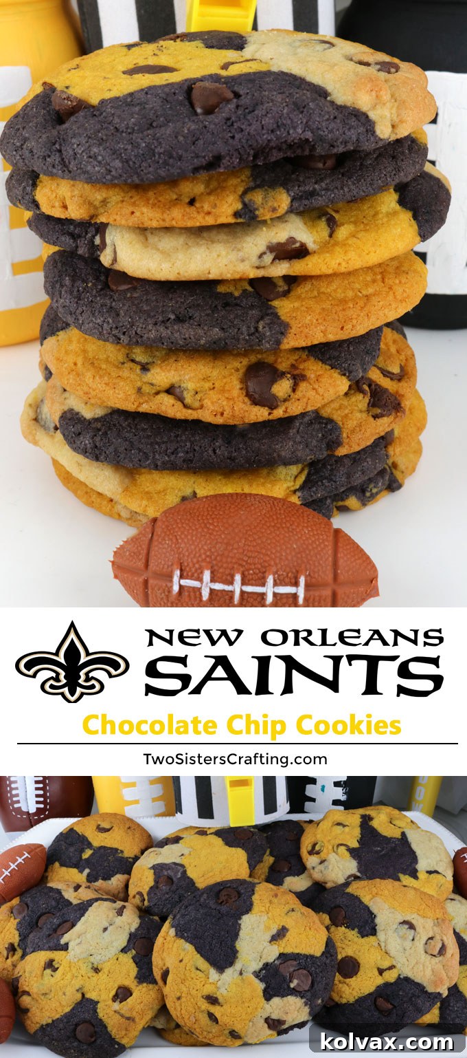 A stunning vertical shot of New Orleans Saints Chocolate Chip Cookies, perfect for Pinterest, highlighting their vibrant team colors and delicious appeal.