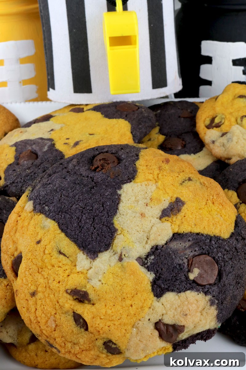 New Orleans Saints Chocolate Chip Cookies artfully arranged, highlighting their festive and delicious appeal for any football-themed event.