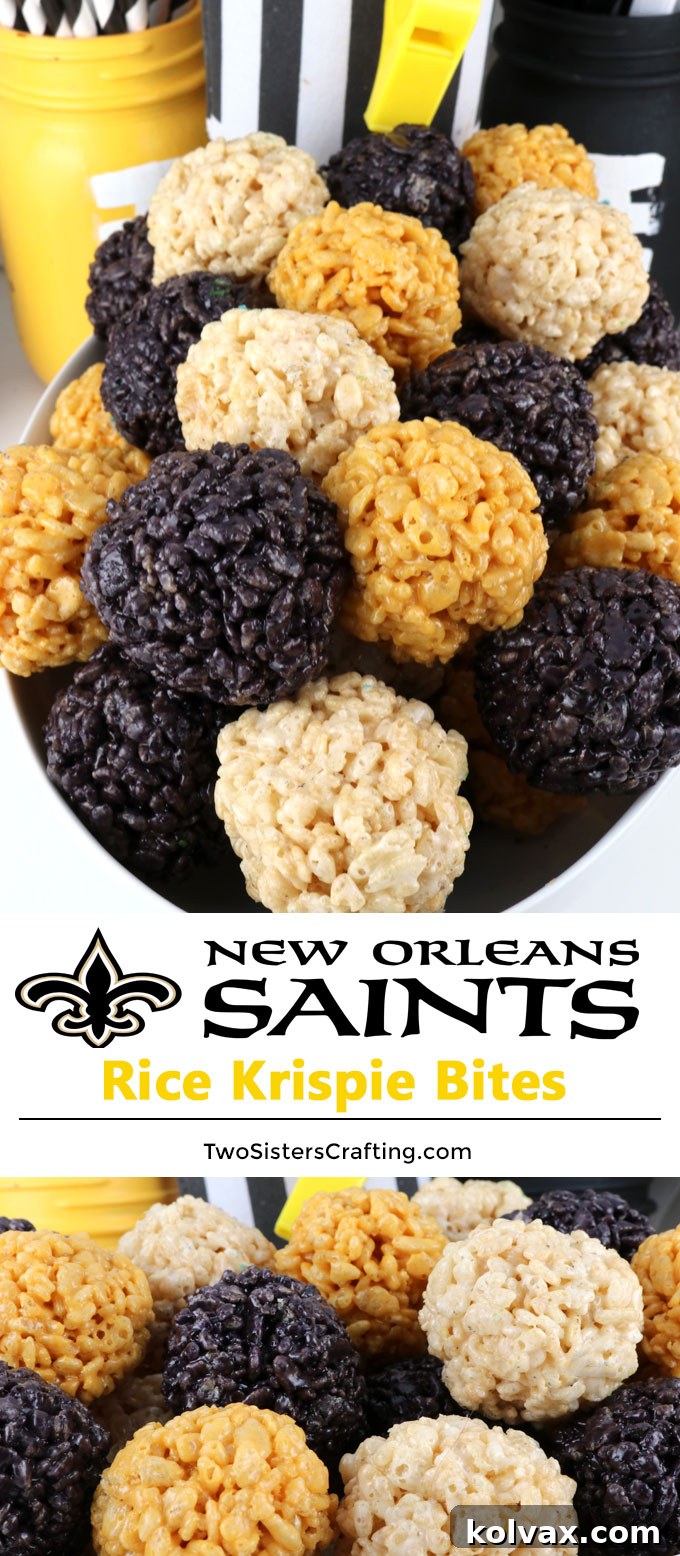 Full spread of New Orleans Saints themed snacks including Rice Krispie Bites, perfect for any fan gathering.