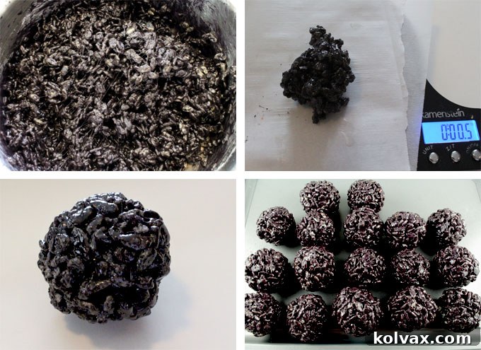 Guide to making deep black Rice Krispie Treat Bites using food coloring for a New Orleans Saints theme.