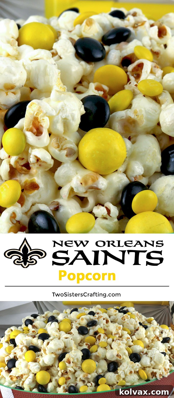 Tall shot of New Orleans Saints Popcorn, highlighting the sweet, salty, crunchy goodness for game day parties, playoffs, and Super Bowl celebrations.