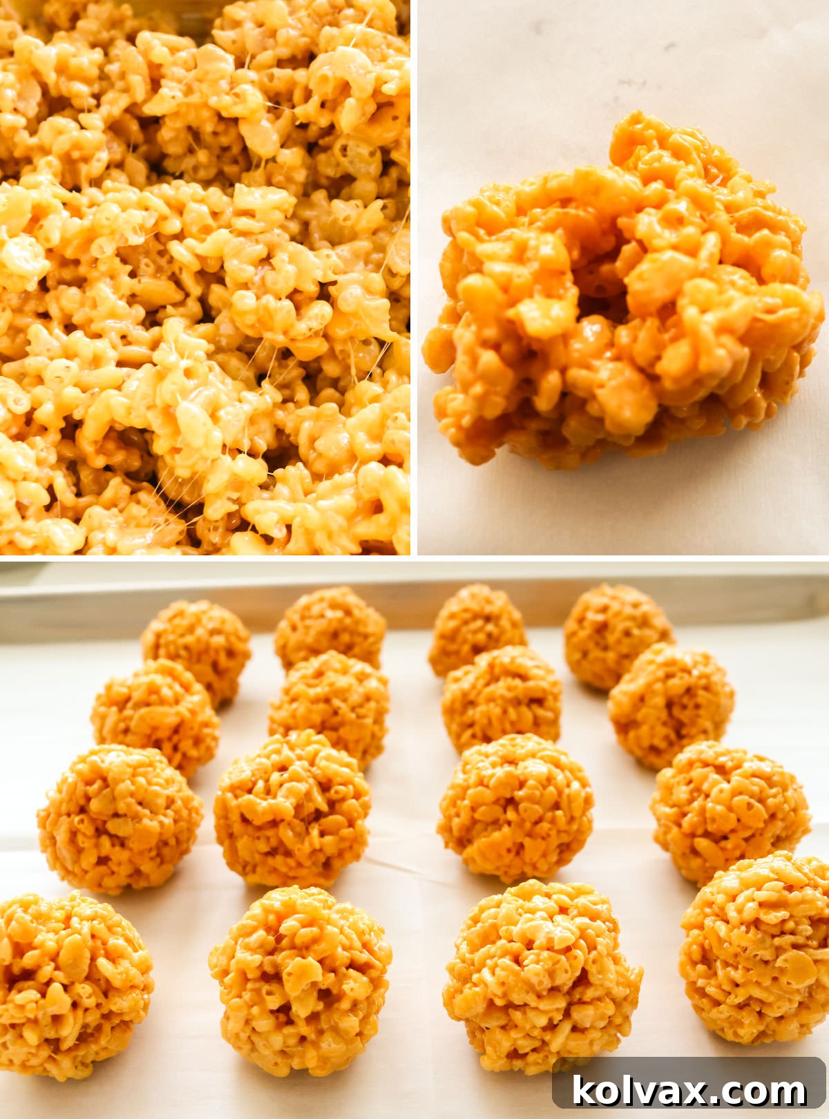 Chiefs Kingdom Krispies 7 Collage image showing the steps for making Gold Rice Krispie Bites.