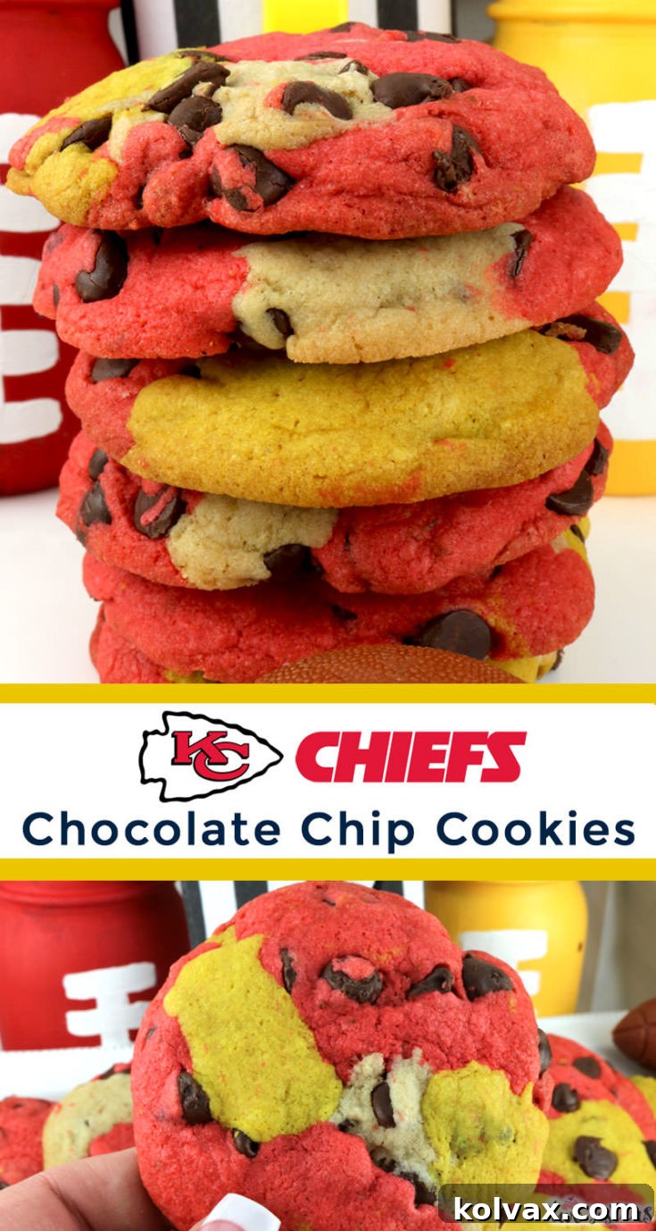 Pinnable image for Kansas City Chiefs Chocolate Chip Cookies recipe.